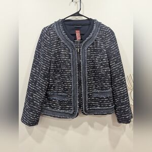 Vintage Chic Black and White Tweed Front Zip Blazer